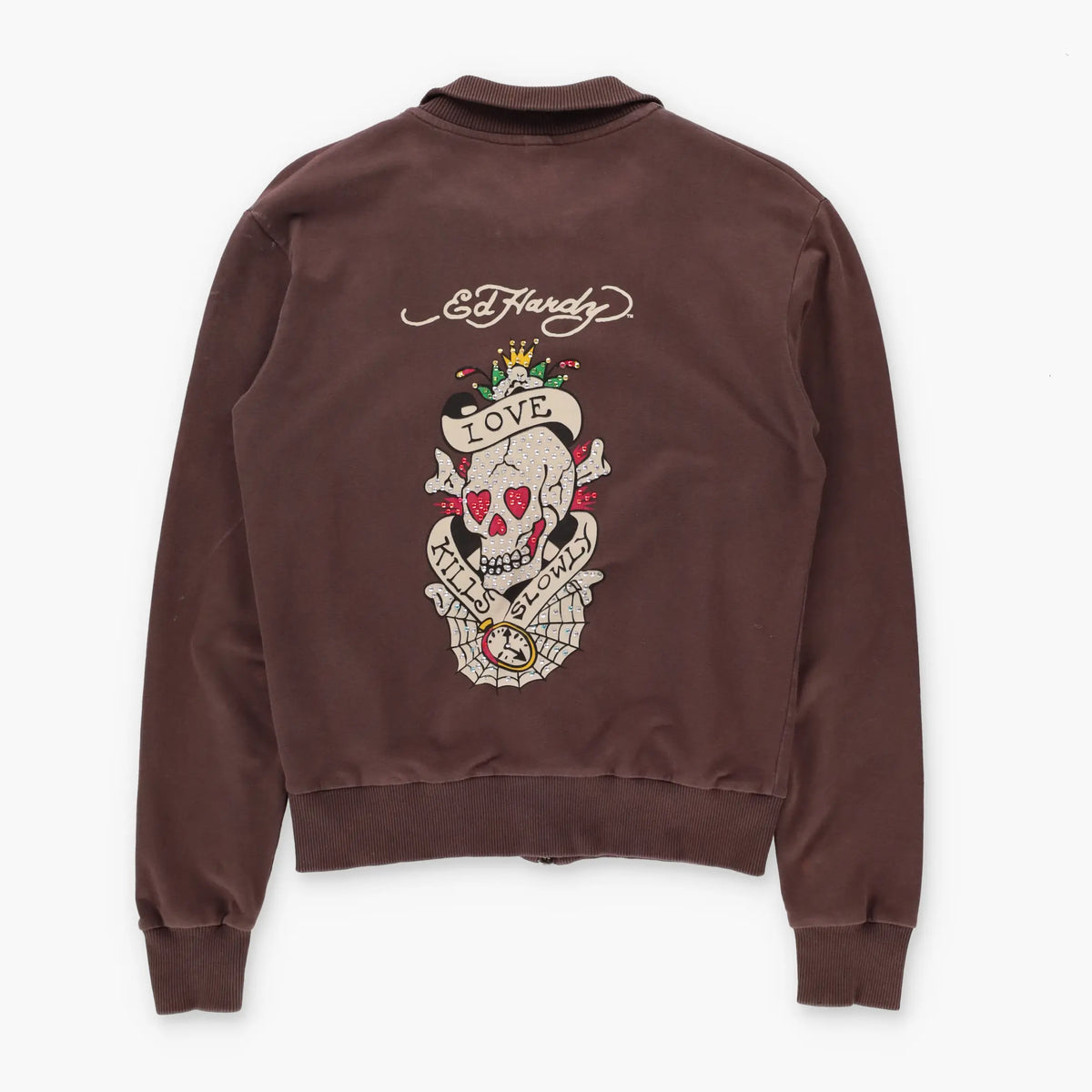 Vintage ED HARDY Brown Embellished Skull Web Y2K Full Zip Sweatshirt Turkey Made (M)