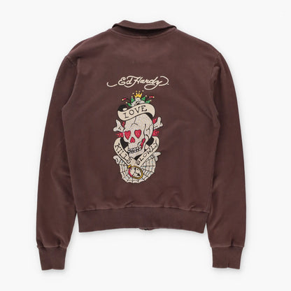 Vintage ED HARDY Brown Embellished Skull Web Y2K Full Zip Sweatshirt Turkey Made (M)