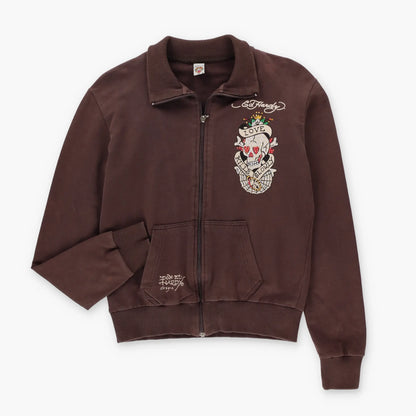 Vintage ED HARDY Brown Embellished Skull Web Y2K Full Zip Sweatshirt Turkey Made (M)