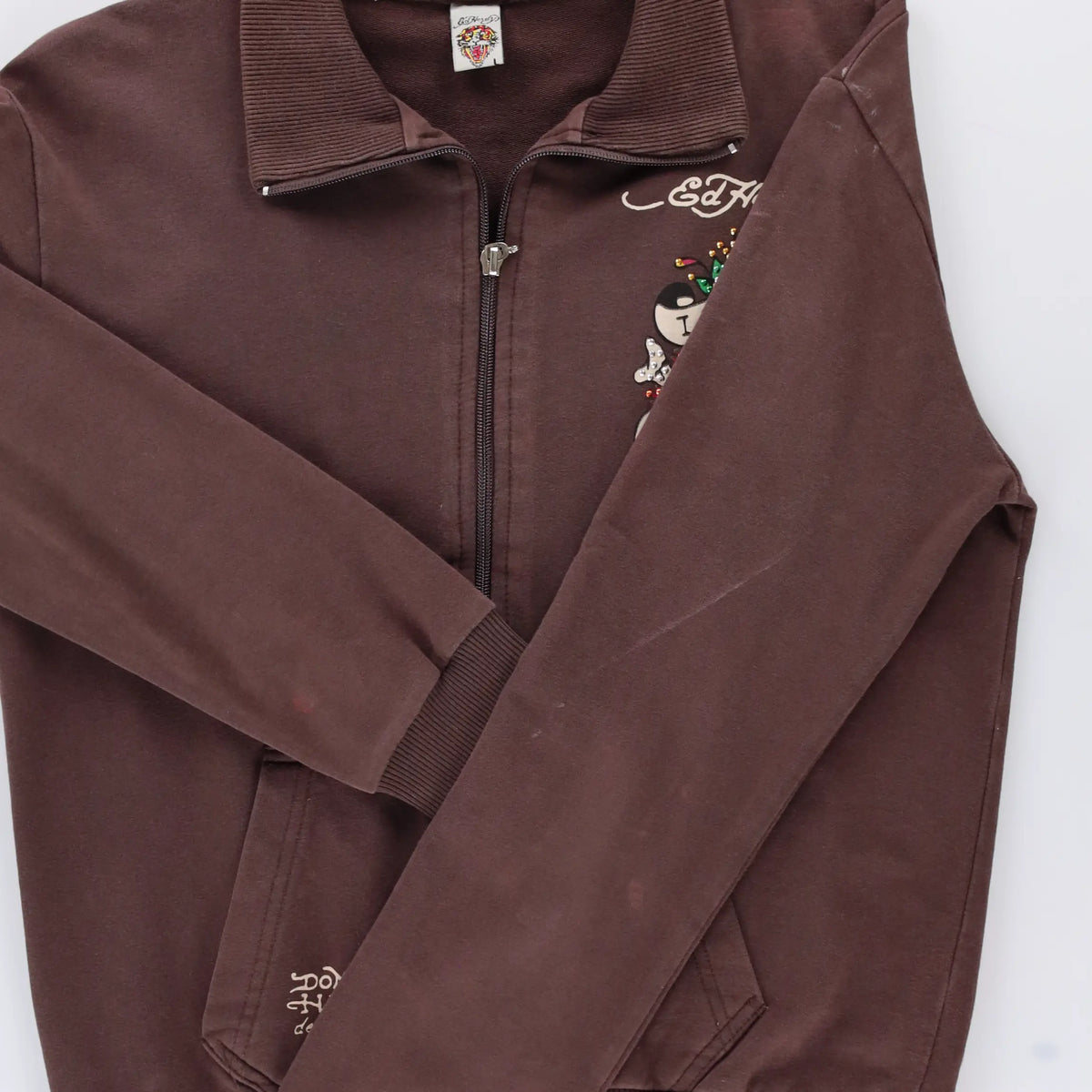 Vintage ED HARDY Brown Embellished Skull Web Y2K Full Zip Sweatshirt Turkey Made (M)