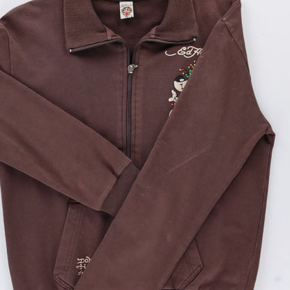 Vintage ED HARDY Brown Embellished Skull Web Y2K Full Zip Sweatshirt Turkey Made (M)