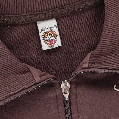 Vintage ED HARDY Brown Embellished Skull Web Y2K Full Zip Sweatshirt Turkey Made (M)