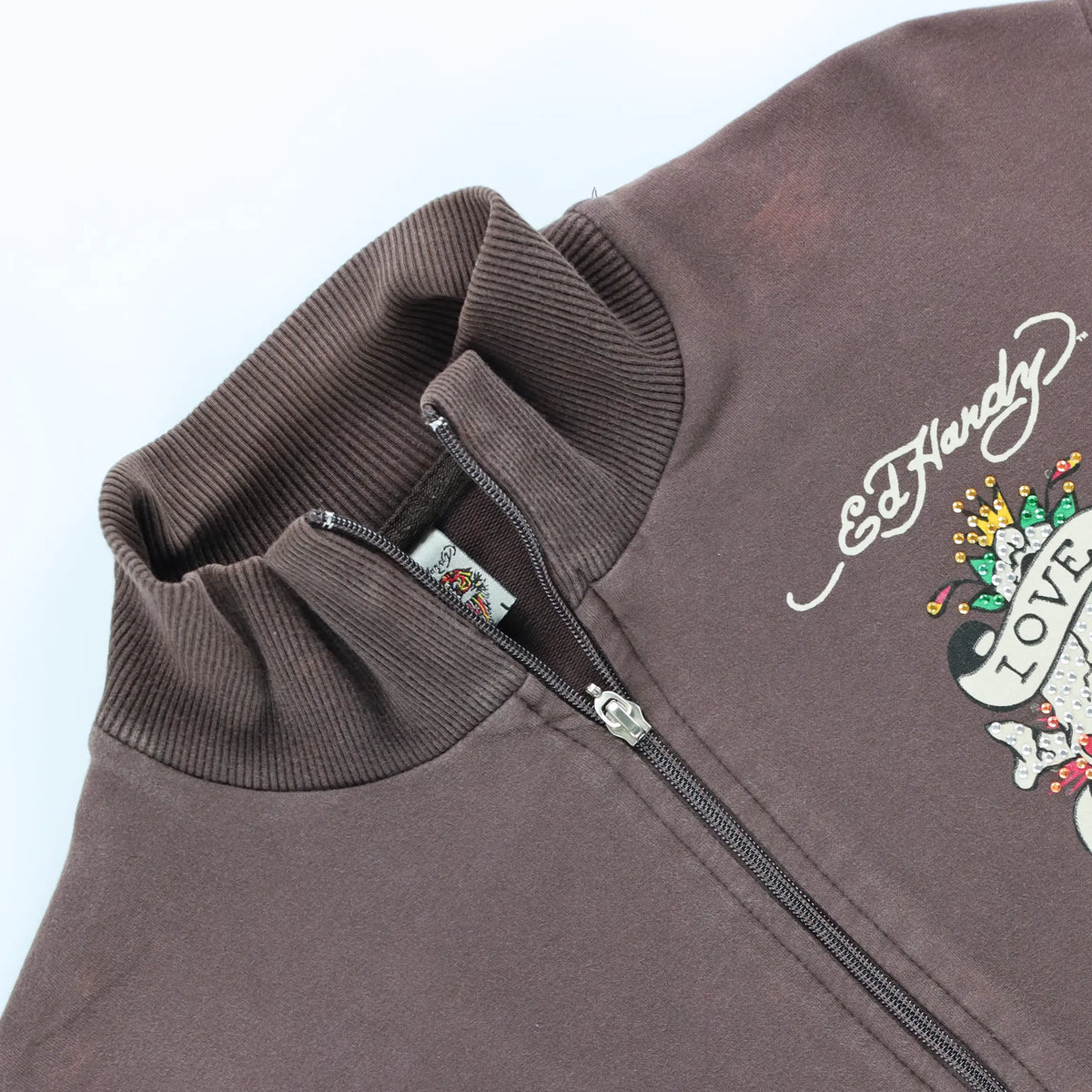 Vintage ED HARDY Brown Embellished Skull Web Y2K Full Zip Sweatshirt Turkey Made (M)