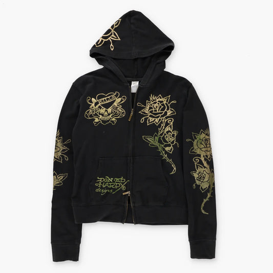 Vintage ED HARDY Gold Foil Y2K Embellished Skull Heart Full Zip Hoodie Sweatshirt (M)
