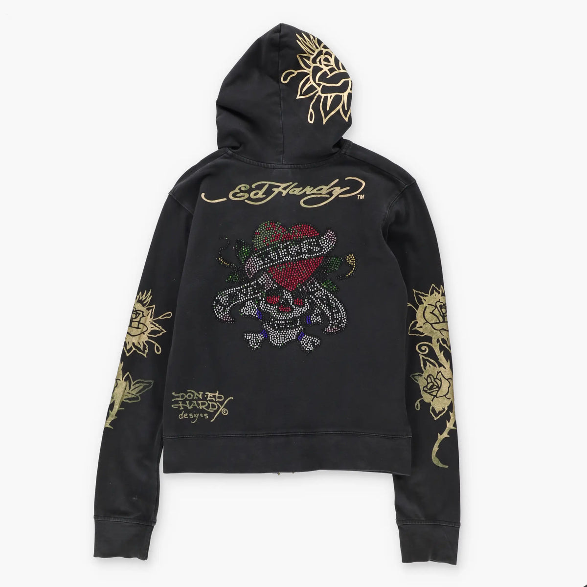 Vintage ED HARDY Gold Foil Y2K Embellished Skull Heart Full Zip Hoodie Sweatshirt (M)