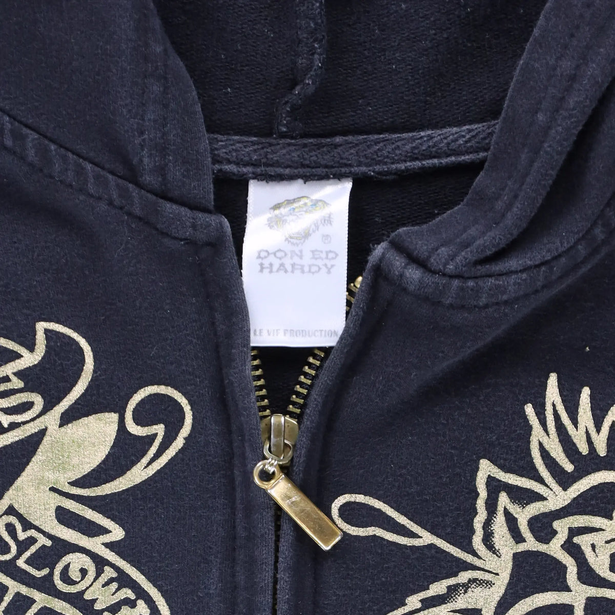 Vintage ED HARDY Gold Foil Y2K Embellished Skull Heart Full Zip Hoodie Sweatshirt (M)