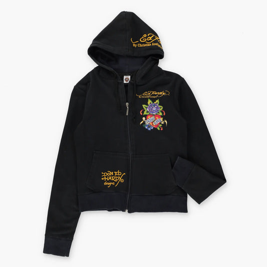 Vintage ED HARDY 'Eternal Love' Embellished Y2K Rose Heart Full Zip Hoodie Sweatshirt Portugal Made (Women's M)