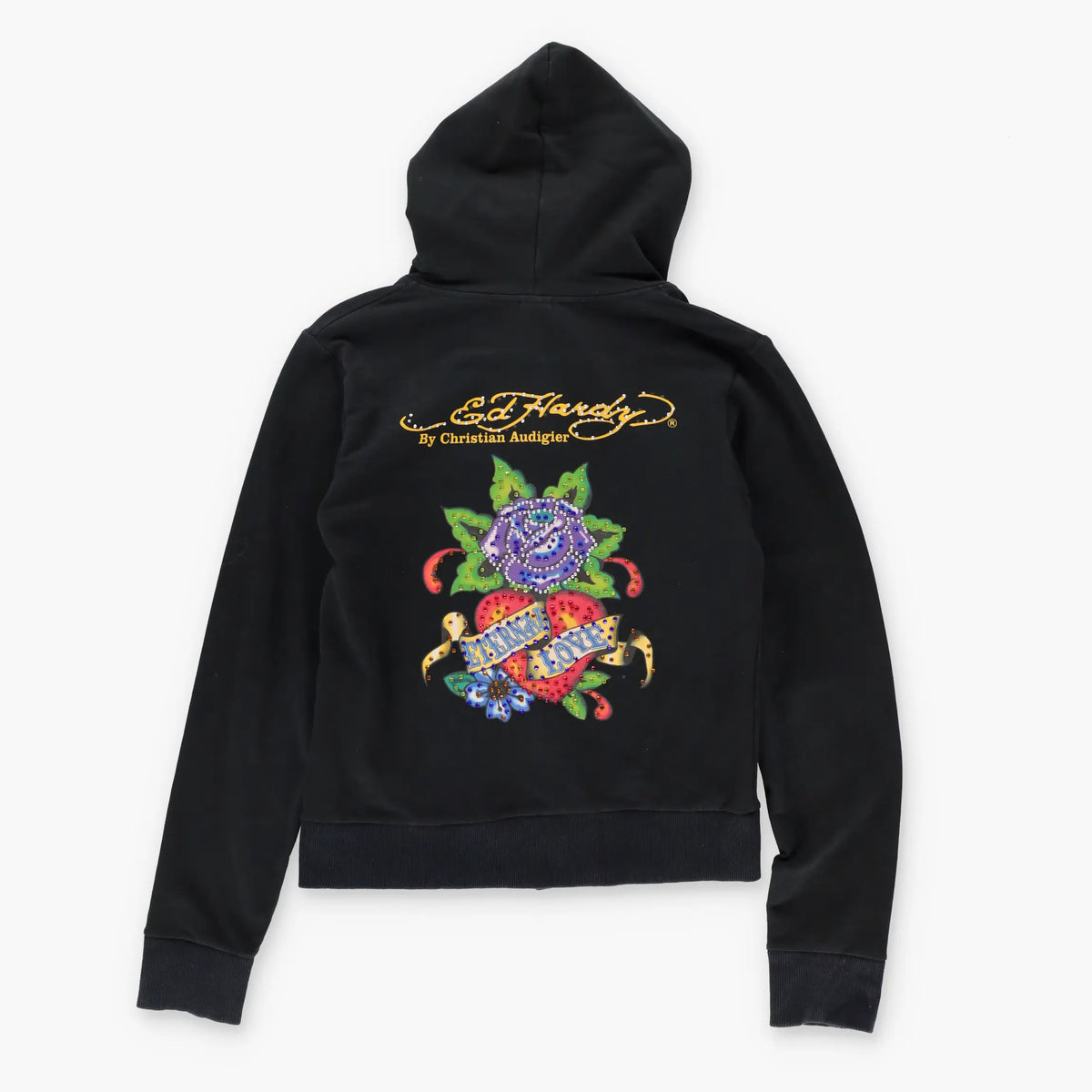 Vintage ED HARDY 'Eternal Love' Embellished Y2K Rose Heart Full Zip Hoodie Sweatshirt Portugal Made (Women's M)