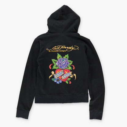 Vintage ED HARDY 'Eternal Love' Embellished Y2K Rose Heart Full Zip Hoodie Sweatshirt Portugal Made (Women's M)