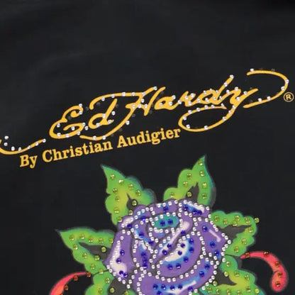 Vintage ED HARDY 'Eternal Love' Embellished Y2K Rose Heart Full Zip Hoodie Sweatshirt Portugal Made (Women's M)