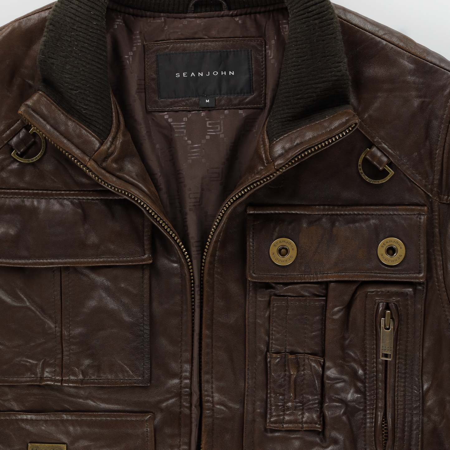 SEAN JOHN Brown Detailed Genuine Leather Zip-Up Jacket (M-L)