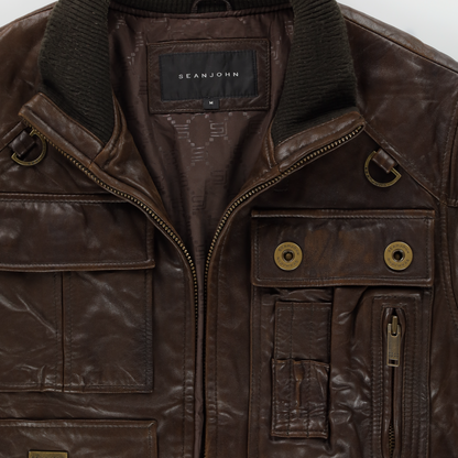 SEAN JOHN Brown Detailed Genuine Leather Zip-Up Jacket (M-L)
