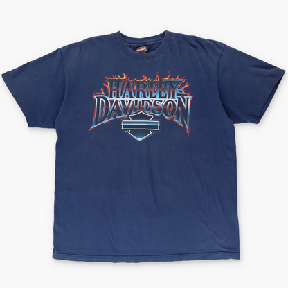 HARLEY DAVIDSON Y2K Flame Logo Alaska Navy Motorcycle Tee (XL)