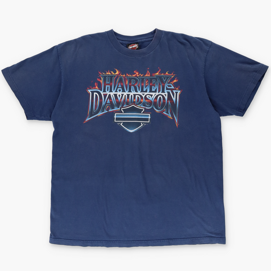 HARLEY DAVIDSON Y2K Flame Logo Alaska Navy Motorcycle Tee (XL)