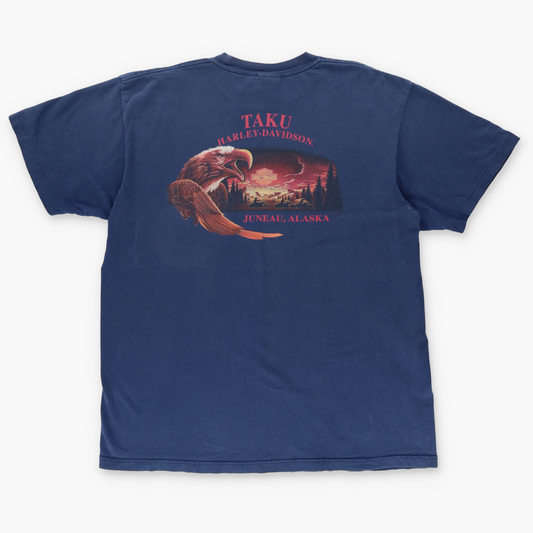 HARLEY DAVIDSON Y2K Flame Logo Alaska Navy Motorcycle Tee (XL)