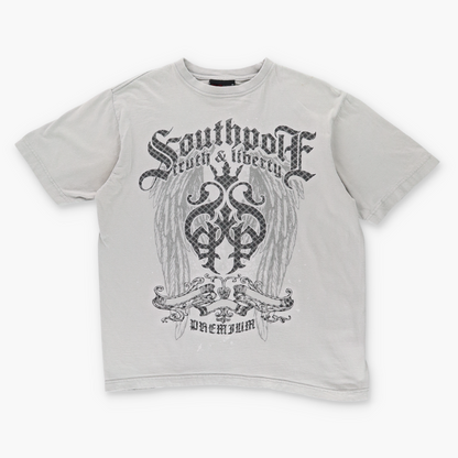 SOUTHPOLE Y2K Glitter Print Grunge Wing Boxy Grey T-Shirt (M)