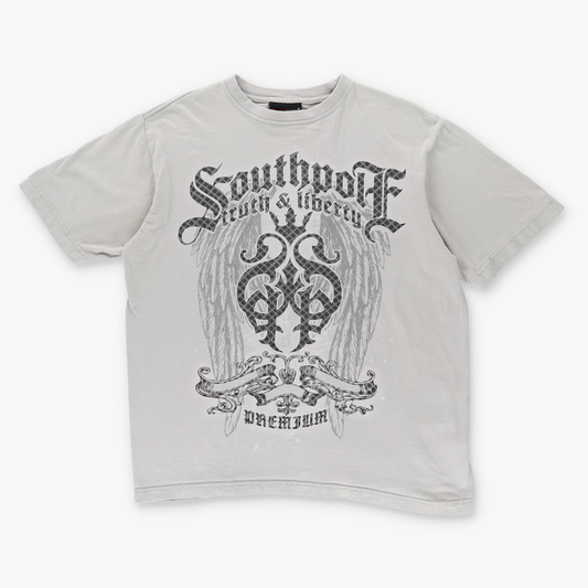 SOUTHPOLE Y2K Glitter Print Grunge Wing Boxy Grey T-Shirt (M)
