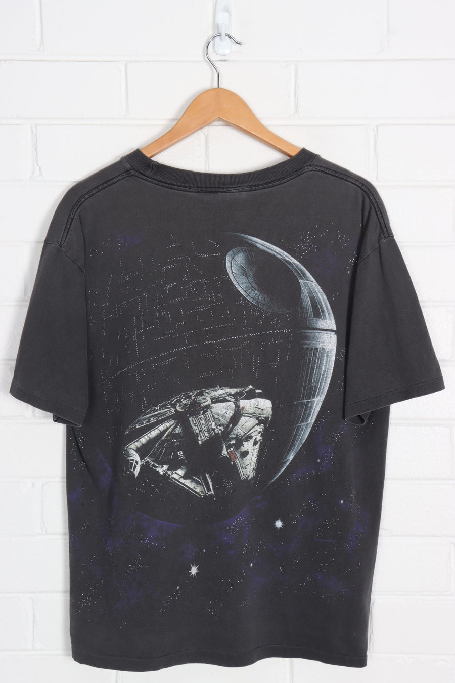 Vintage STAR WARS Millennium Falcon Tie Fighter Death Star All Over T-Shirt (L)