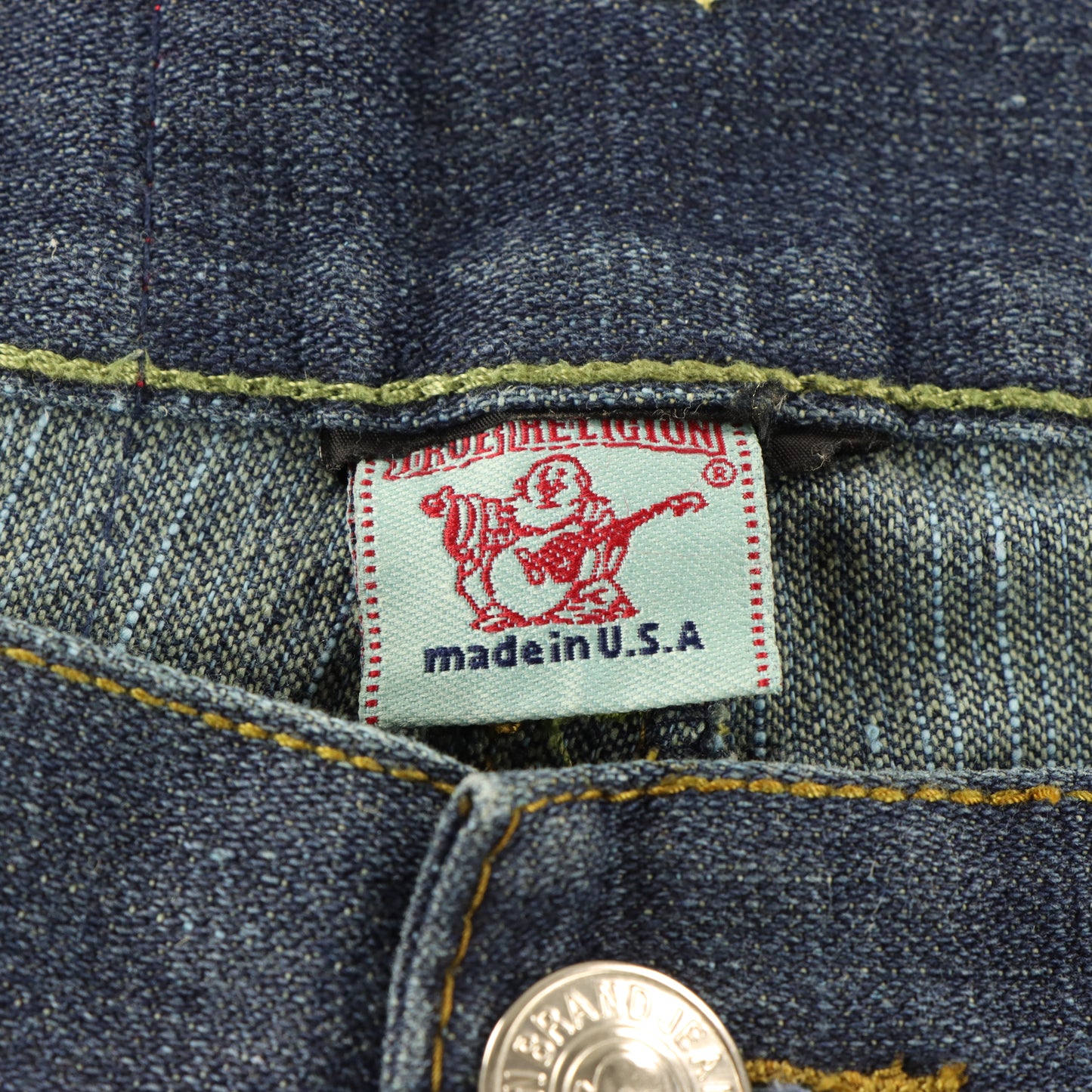 TRUE RELIGION Blue Denim Embroidered Horseshoe USA Made Flap Pocket Jeans (34)