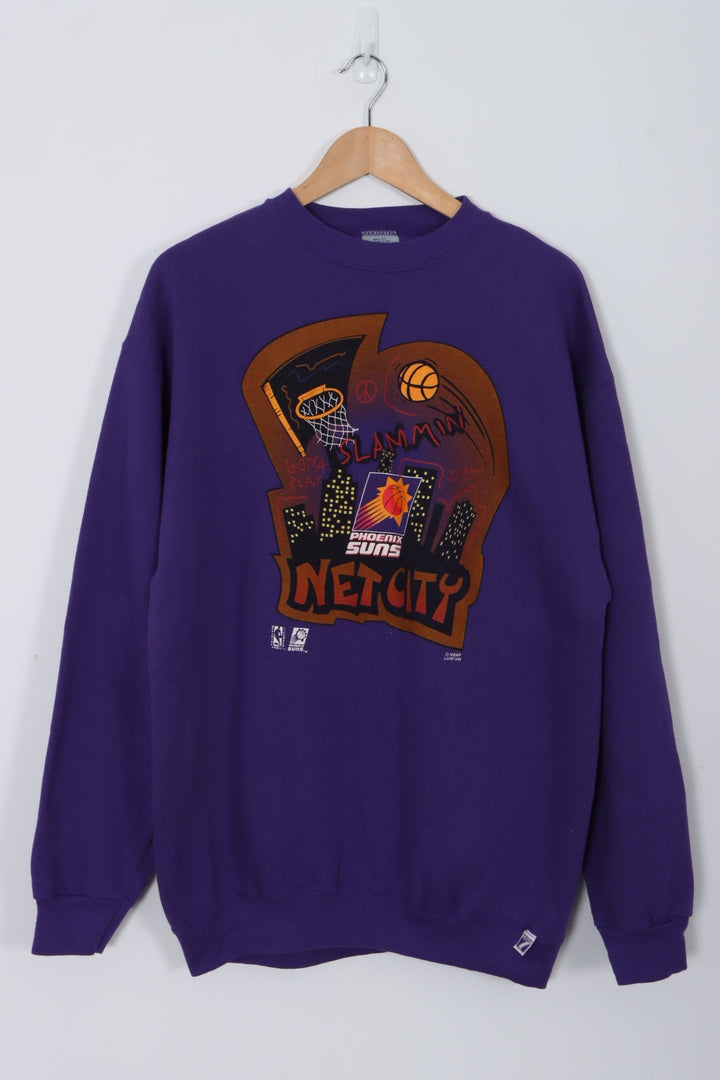 90s NBA Phoenix Suns Front Back 'Net City' Print Purple Sweatshirt (XL)