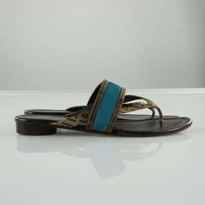 FENDI Italian Made Turquoise & Brown Flat Leather Sandals (39.5)