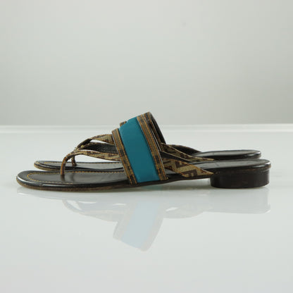 FENDI Italian Made Turquoise & Brown Flat Leather Sandals (39.5)
