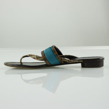FENDI Italian Made Turquoise & Brown Flat Leather Sandals (39.5)