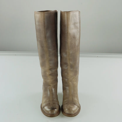 CHLOE 'ITALY Made' Leather Knee High Mid Heel Brown Detailed Leather Boot (36.5)