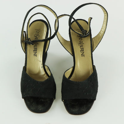 YVES SAINT LAURENT YSL Embroidered Open Toe Strappy Black Wedges Heels (6.5)