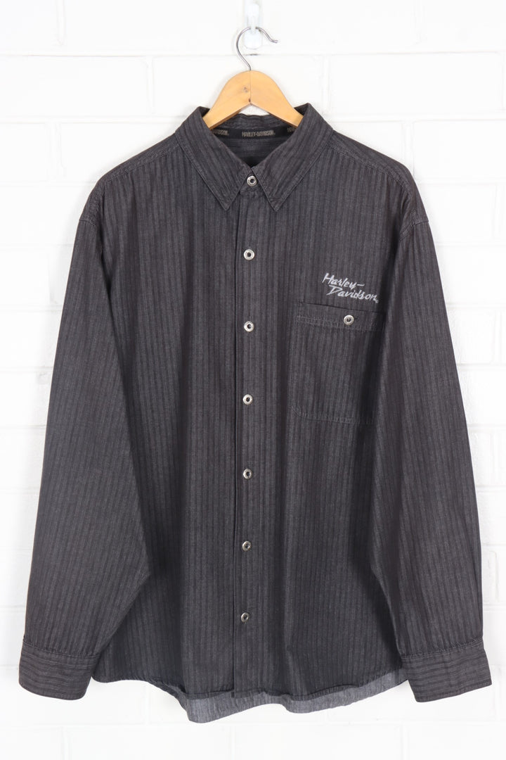 HARLEY DAVIDSON Embroidered Grey Striped Long Sleeve Shirt (XXL)