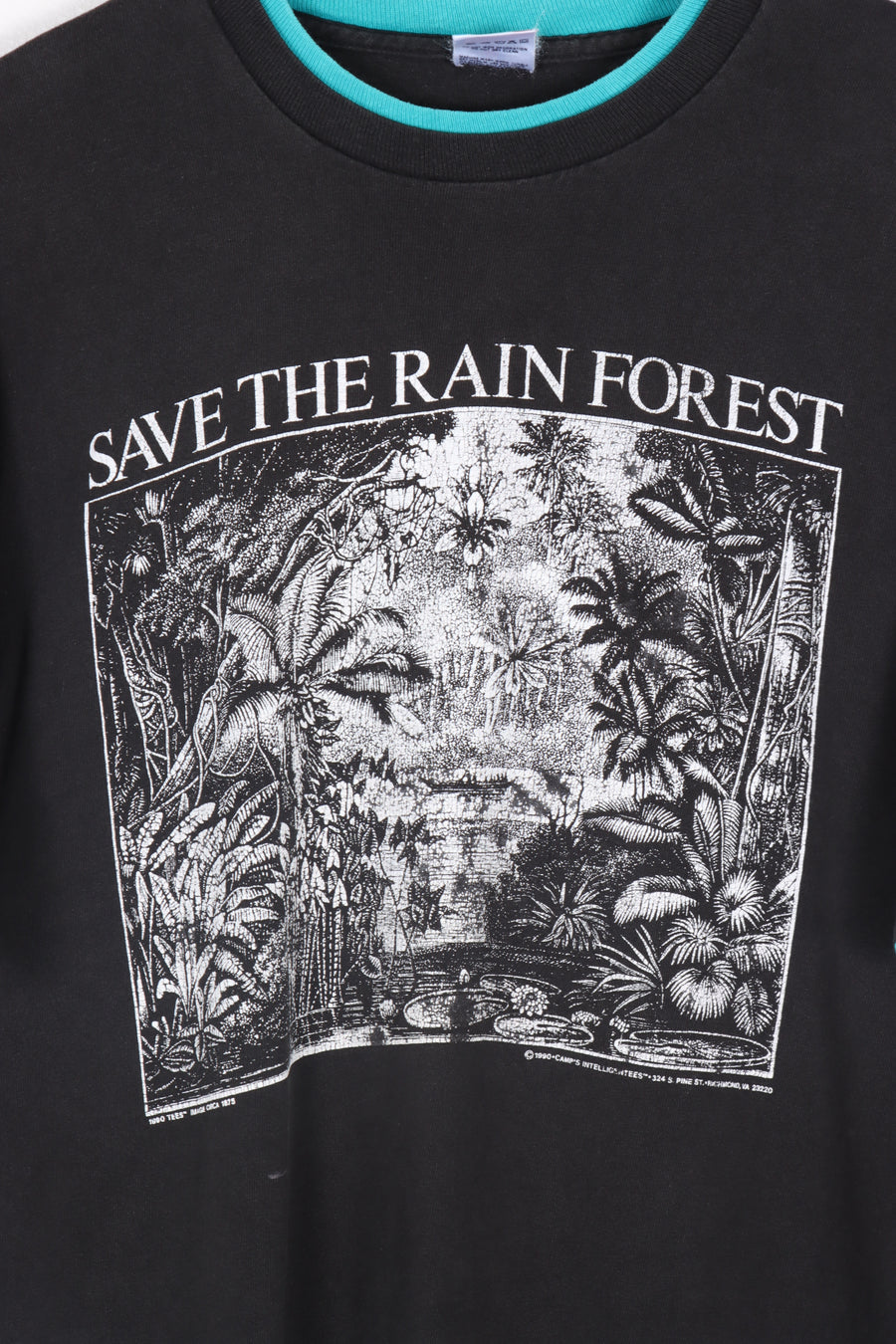 1990 Vintage Teal 'Save the Rainforest' Conservation Double Collared Tee (M)