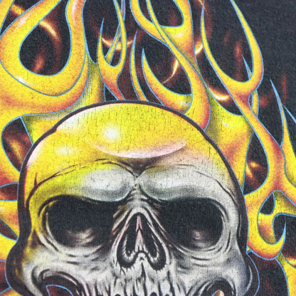 Vintage HARLEY DAVIDSON Flaming Skull Woodstock Illinois Black T-Shirt (XXL)