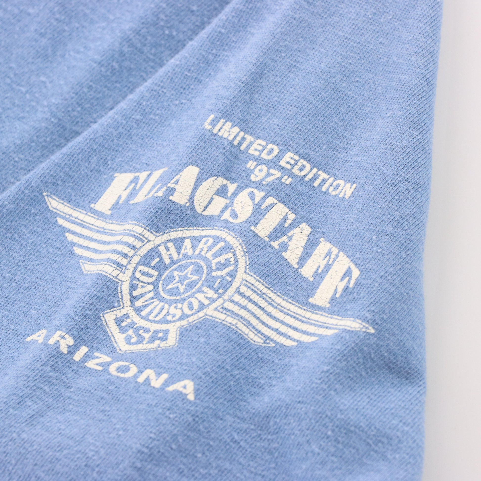 Vintage HARLEY DAVIDSON 'Flagstaff' Arizona USA Made Single Stitch Blue Motorcycle T-Shirt (M-L) Vintage Sole Melbourne