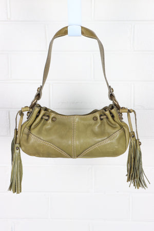 FRANCESCO BIASIA Olive Green Leather Y2k Tassel Shoulder Bag