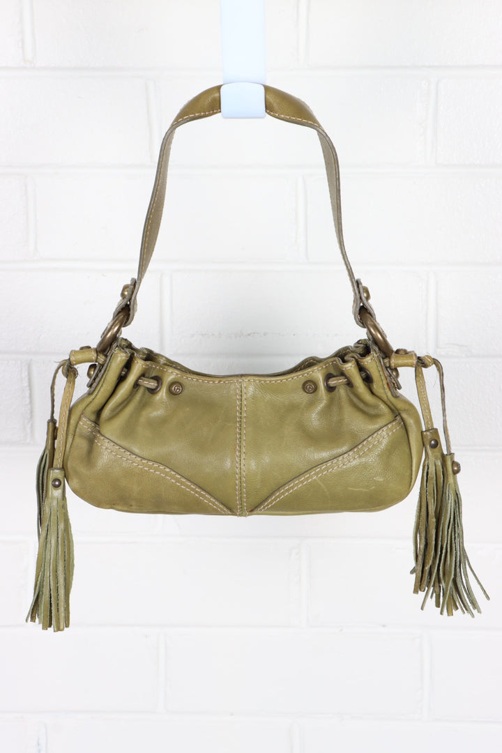 FRANCESCO BIASIA Olive Green Leather Y2k Tassel Shoulder Bag