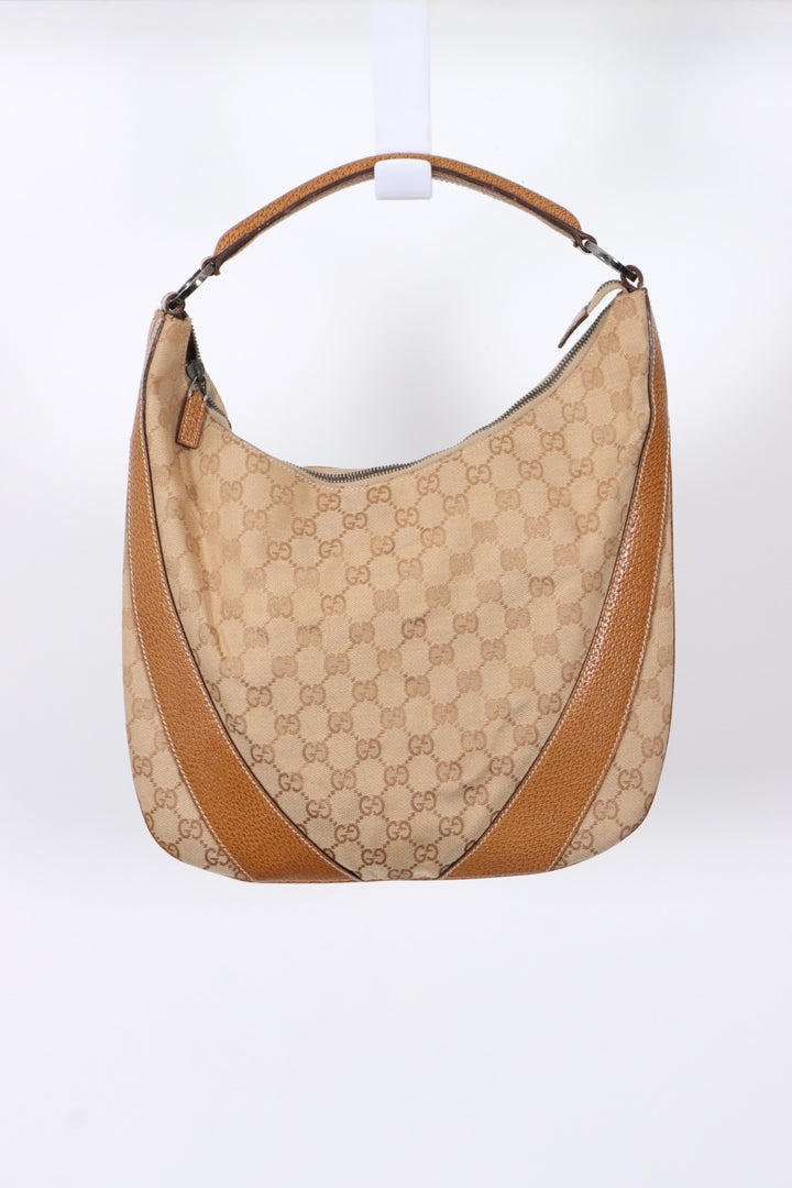 GUCCI Monogram GG Canvas Beige Leather Hobo Shoulder Bag