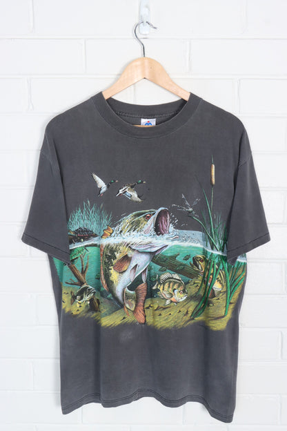 Fishing Trout & Ducks Grey & Colourful All Over Animal USA Made T-Shirt (L)