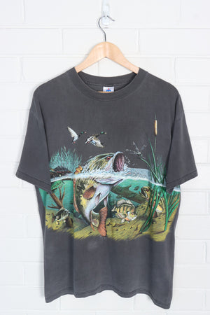 Fishing Trout & Ducks Grey & Colourful All Over Animal USA Made T-Shirt (L)