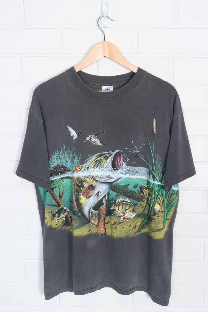 Fishing Trout & Ducks Grey & Colourful All Over Animal USA Made T-Shirt (L)