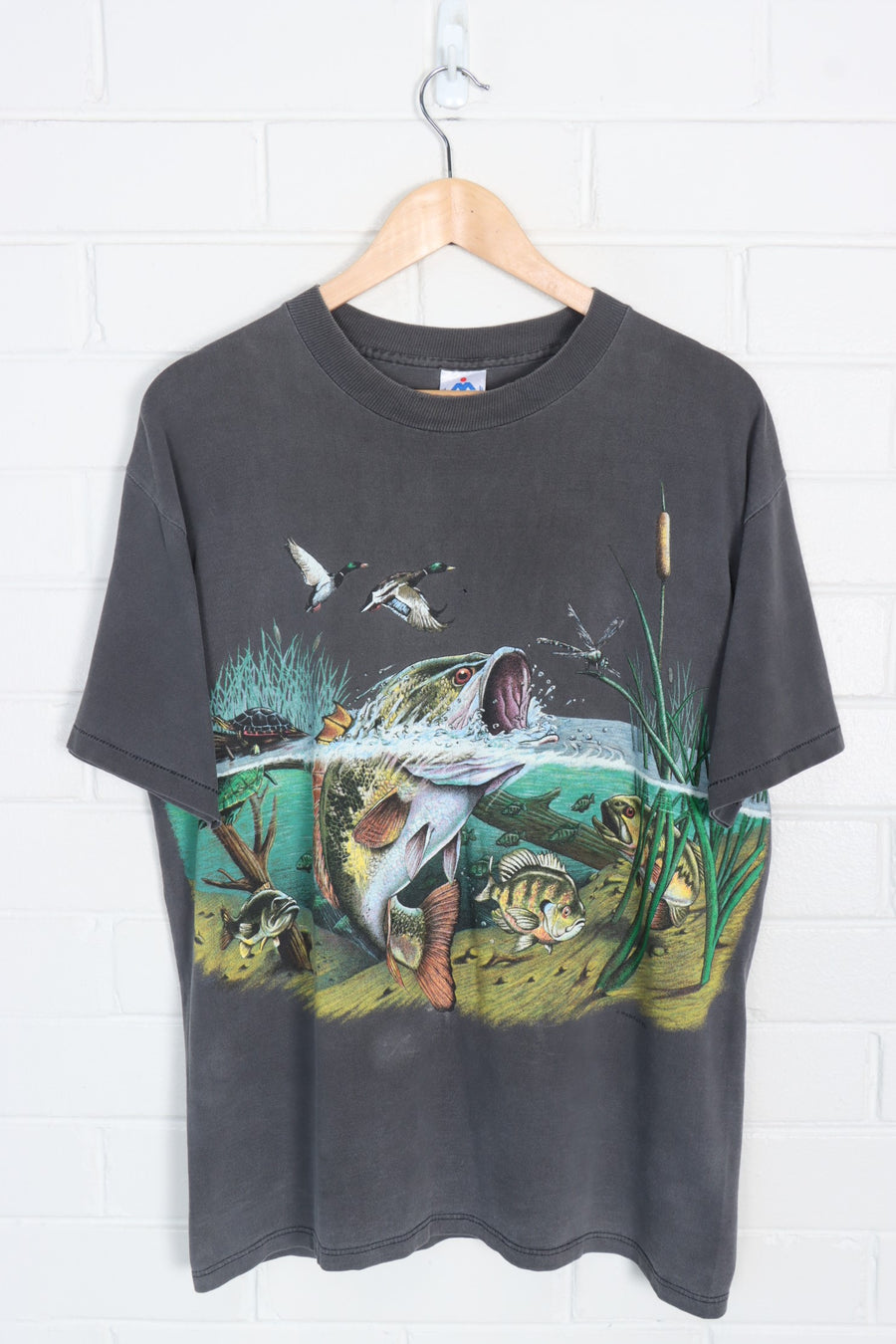 Fishing Trout & Ducks Grey & Colourful All Over Animal USA Made T-Shirt (L)