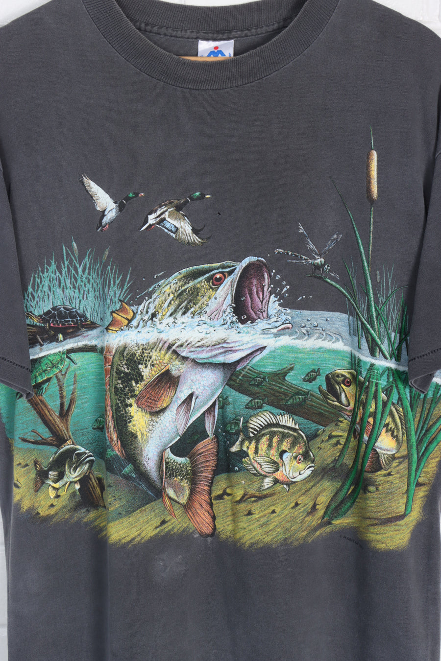 Fishing Trout & Ducks Grey & Colourful All Over Animal USA Made T-Shirt (L)