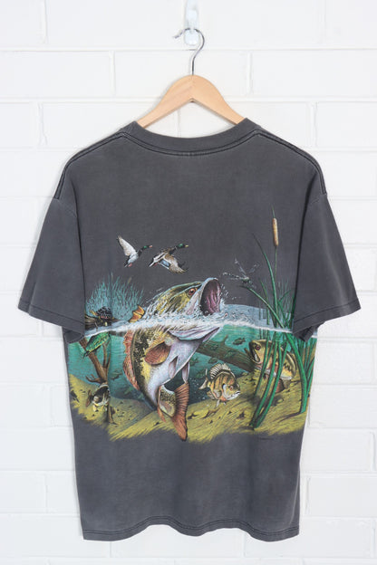 Fishing Trout & Ducks Grey & Colourful All Over Animal USA Made T-Shirt (L)