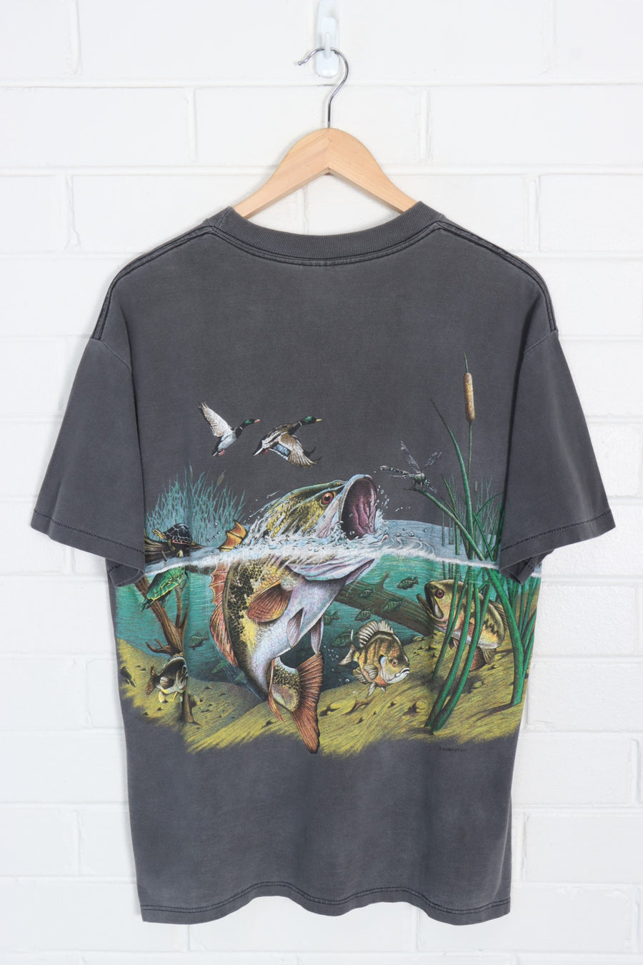 Fishing Trout & Ducks Grey & Colourful All Over Animal USA Made T-Shirt (L)