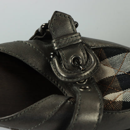 BURBERRY Metallic Buckle Plaid Italy Made Wooden Clog Heels (38)
