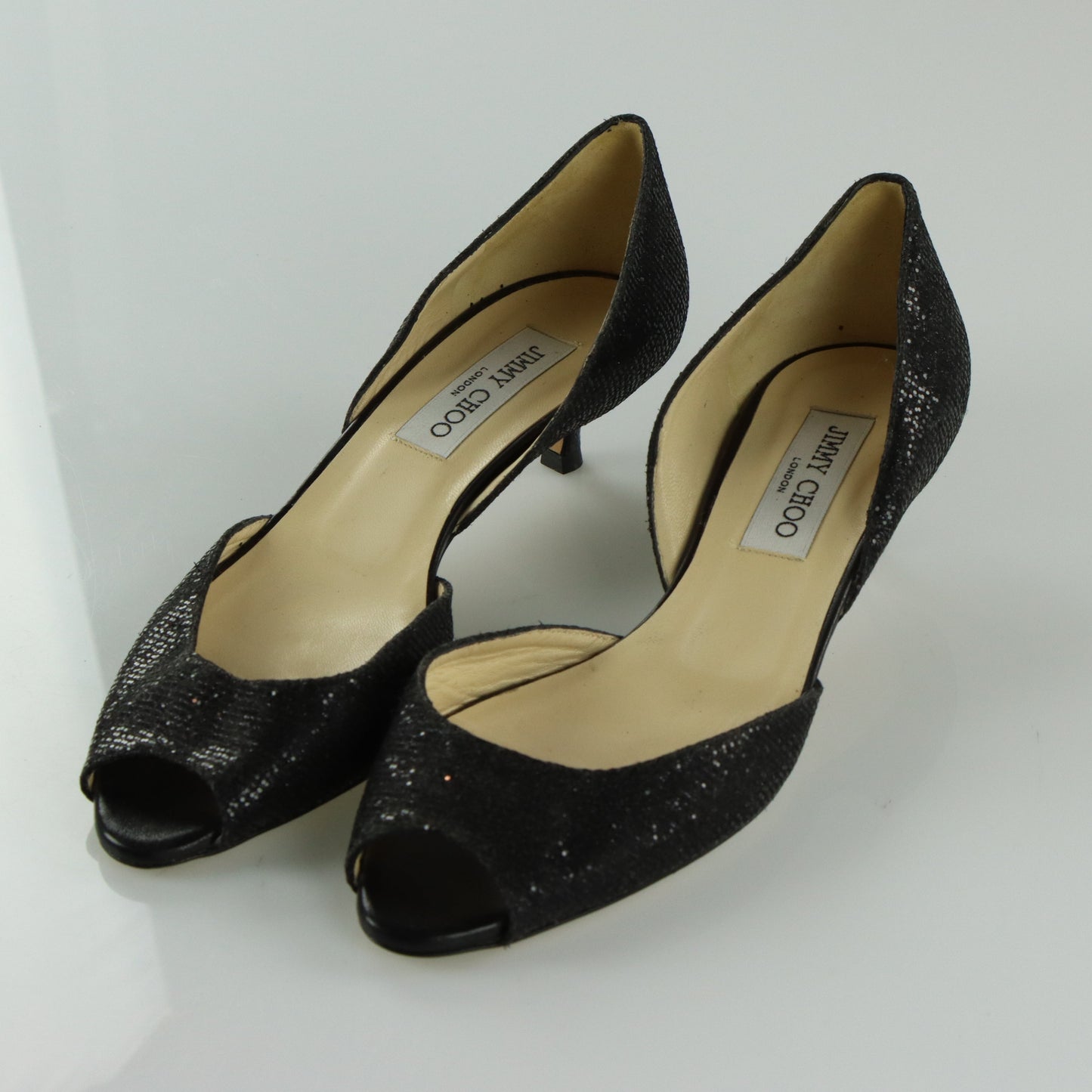 JIMMY CHOO Glitter Peep Toe Black Kitten Heels (38.5)