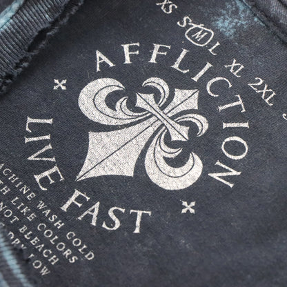 Vintage AFFLICTION Y2K Whipstitch Grunge Skull USA Made Blue T-Shirt (M)