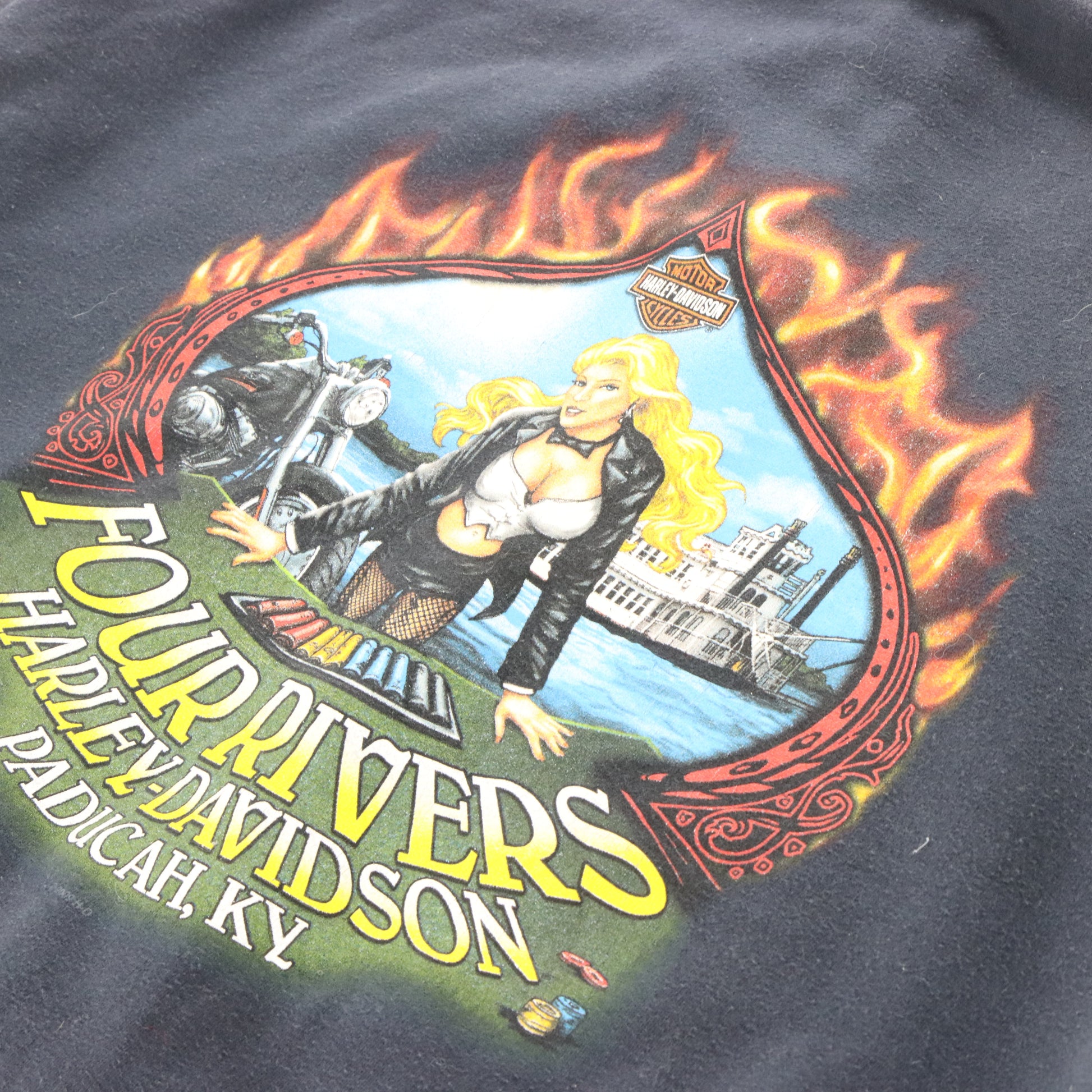Vintage HARLEY DAVIDSON 'Four Rivers' Lady Blue Flame Zip Up Hooded Sweatshirt (XL) Vintage Sole Melbourne