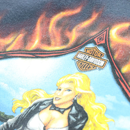 Vintage HARLEY DAVIDSON 'Four Rivers' Lady Blue Flame Zip Up Hooded Sweatshirt (XL) Vintage Sole Melbourne