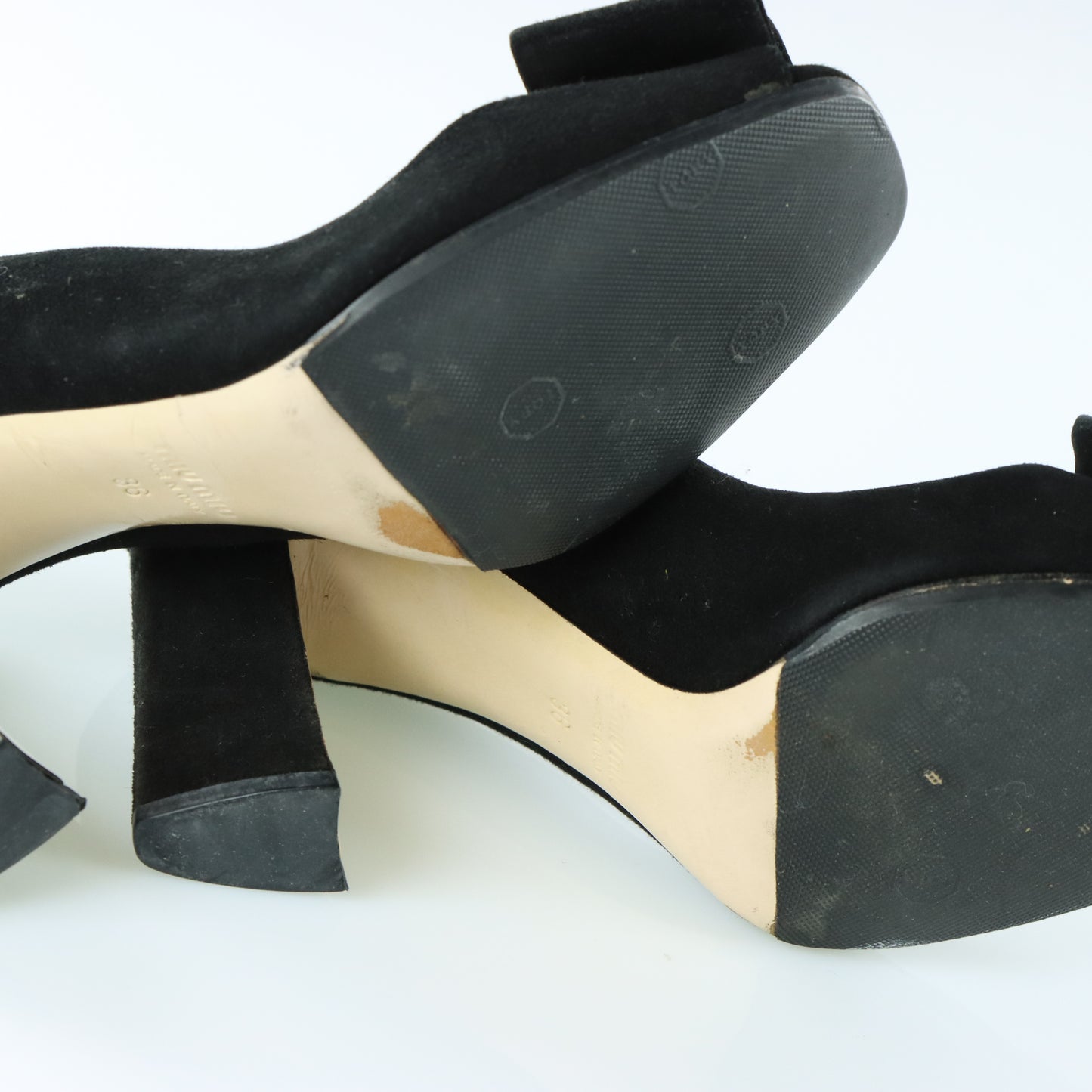 MIU MIU Suede Double Bow Peep Toe Black Italy Made Pump Heels (36)