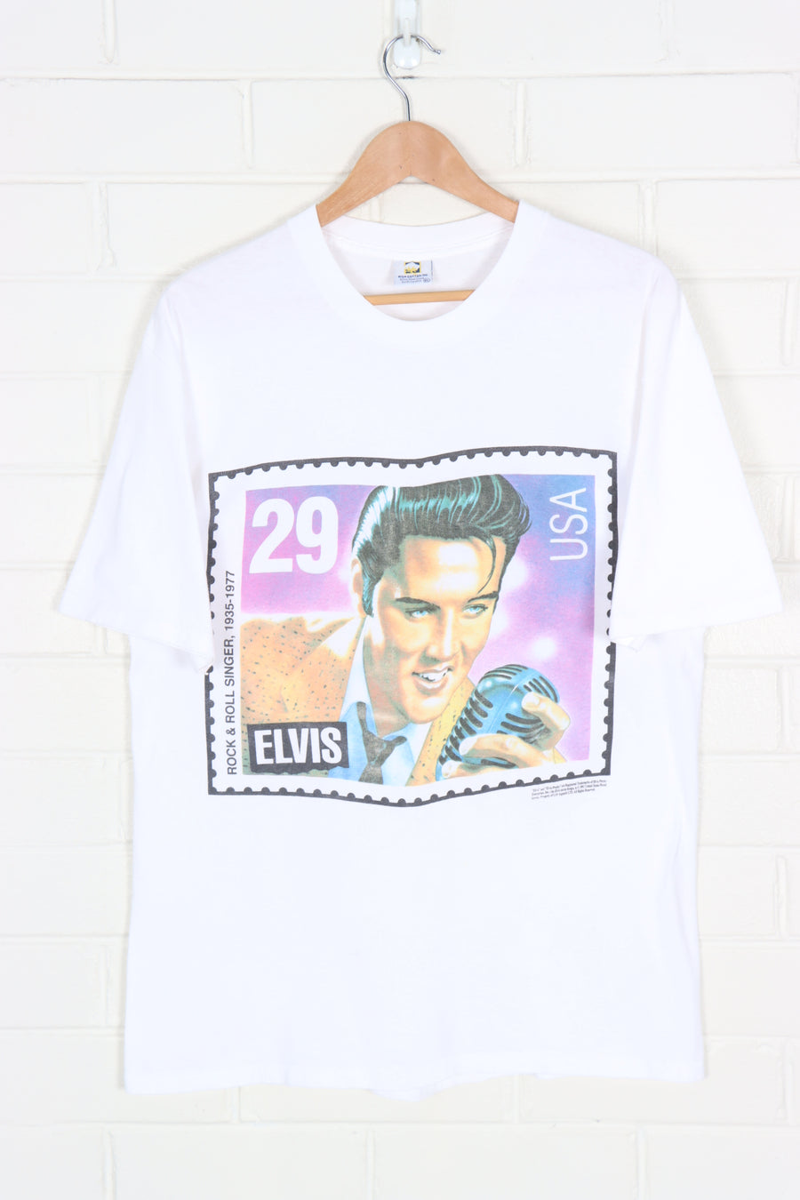 1992 Vintage ELVIS USA 'Rock & Roll' Stamp Colourful Merch Tee (M-L)